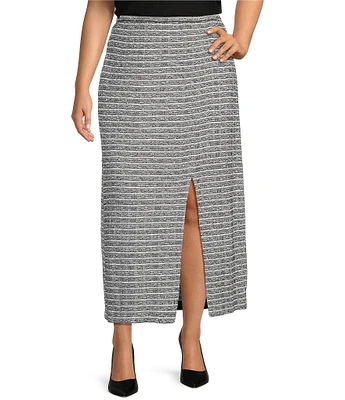 Ming Wang Plus Size Textured Knit Melange Stripe No-Roll Waist Side Slit Coordinating Maxi Skirt