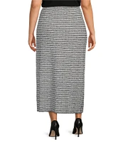 Ming Wang Plus Size Textured Knit Melange Stripe No-Roll Waist Side Slit Coordinating Maxi Skirt