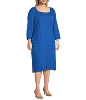 Ming Wang Plus Size Textured Soft Knit Square Neck 3/4 Sleeve Sheath Dress