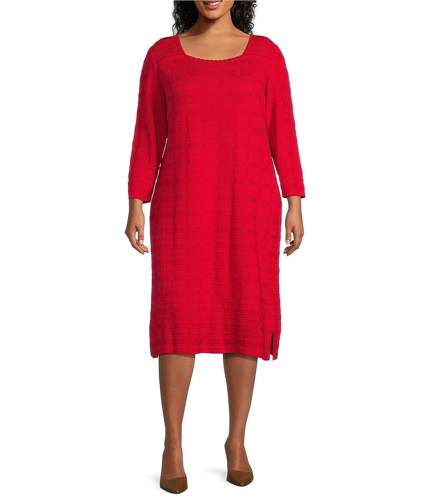 Ming Wang Plus Size Textured Soft Knit Square Neck 3/4 Sleeve Sheath Dress