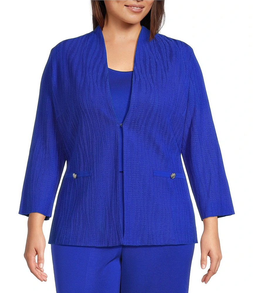 Ming Wang Plus Size Textured Wave Knit Mandarin Collar Bracelet Sleeve Jacket