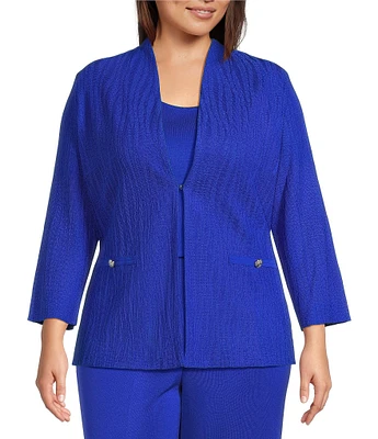 Ming Wang Plus Size Textured Wave Knit Mandarin Collar Bracelet Sleeve Jacket