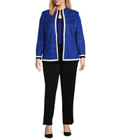 Ming Wang Plus Size Tonal Stripe Stand Collar 3/4 Sleeve Contrasting Trim Knit Jacket