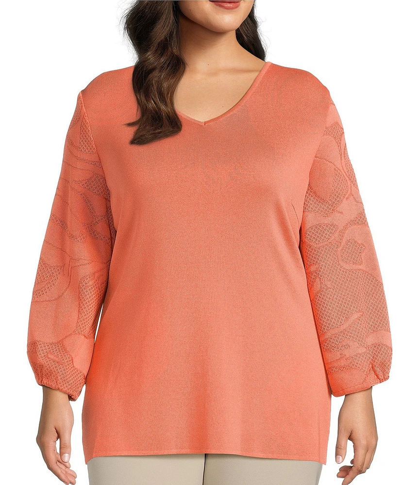 Ming Wang Plus Size Tonal Texture Knit V-Neck Bracelet Sleeve Top