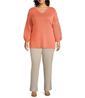 Ming Wang Plus Size Tonal Texture Knit V-Neck Bracelet Sleeve Top