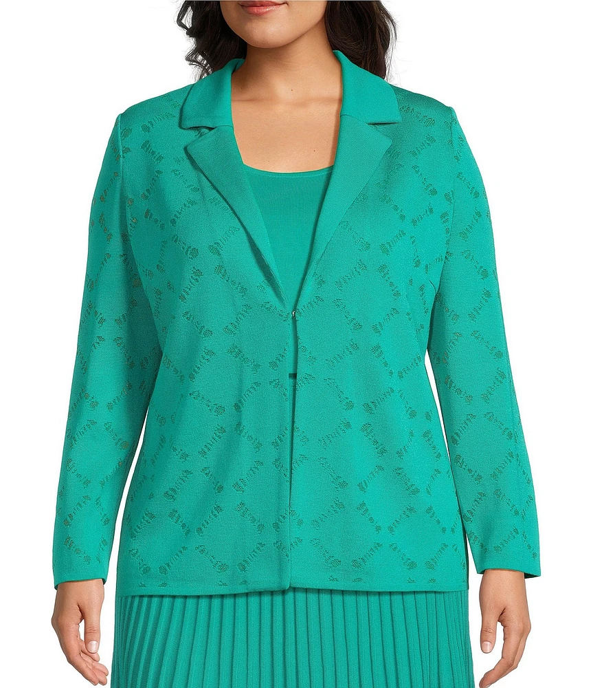 Ming Wang Plus Soft Knit Burnout Notch Lapel Long Sleeve Jacket