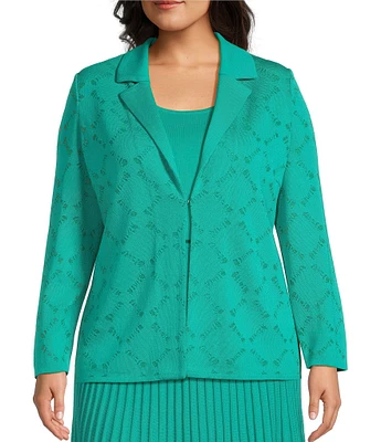 Ming Wang Plus Soft Knit Burnout Notch Lapel Long Sleeve Jacket