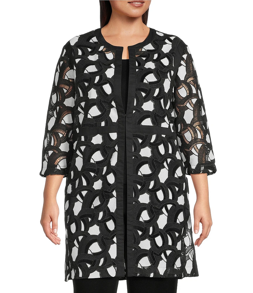 Ming Wang Plus Two-Tone Lace Round Neck 3/4 Sleeve Jacket