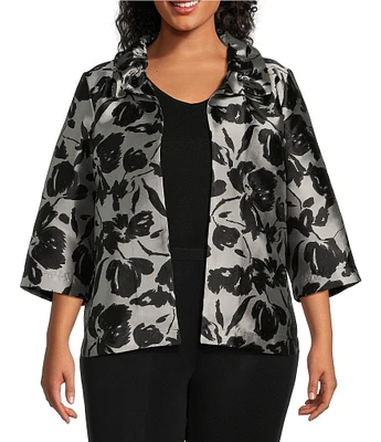 Ming Wang Plus Woven Floral Print Ruched Collar 3/4 Sleeve Jacket