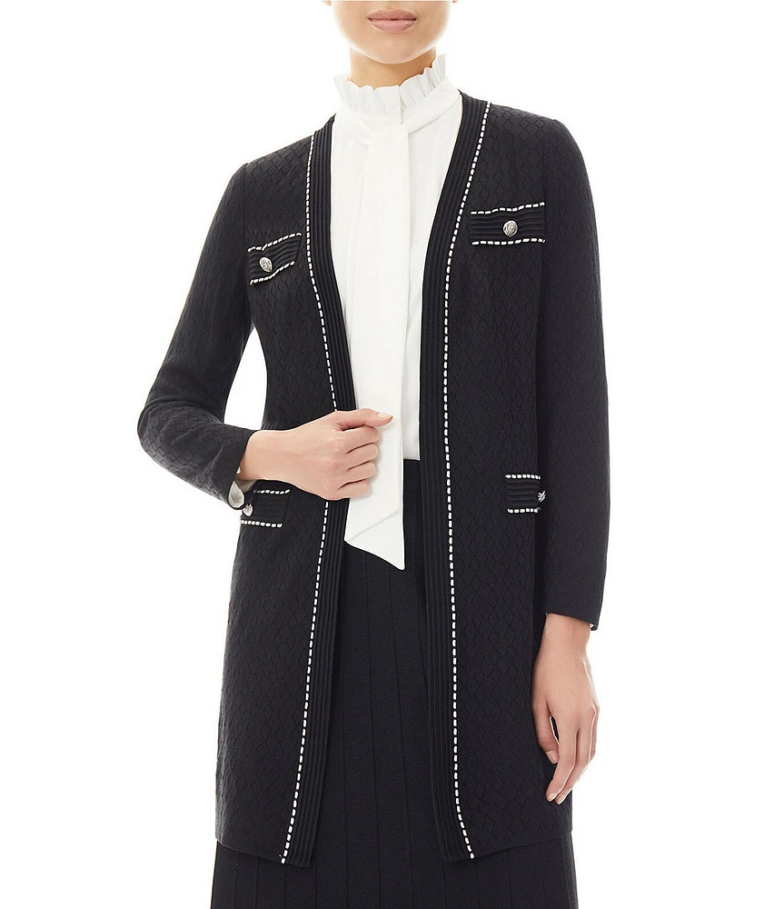 Ming Wang Pointelle Knit Contrast Trim V-Neck Long Sleeve Button Trim Detail Side Slit Jacket