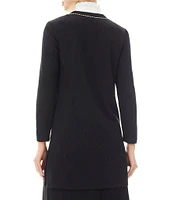 Ming Wang Pointelle Knit Contrast Trim V-Neck Long Sleeve Button Trim Detail Side Slit Jacket