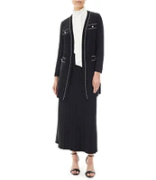 Ming Wang Pointelle Knit Contrast Trim V-Neck Long Sleeve Button Trim Detail Side Slit Jacket