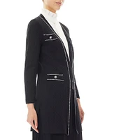 Ming Wang Pointelle Knit Contrast Trim V-Neck Long Sleeve Button Trim Detail Side Slit Jacket