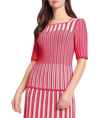 Ming Wang Pointelle Ribbed Knit Square Neck Short Sleeve Top