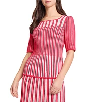 Ming Wang Pointelle Ribbed Knit Square Neck Short Sleeve Top