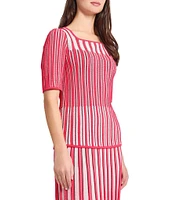 Ming Wang Pointelle Ribbed Knit Square Neck Short Sleeve Top