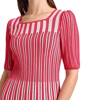 Ming Wang Pointelle Ribbed Knit Square Neck Short Sleeve Top