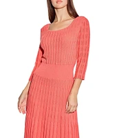 Ming Wang Pointelle Tonal Knit Square Neck 3/4 Sleeve Midi Dress