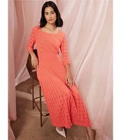 Ming Wang Pointelle Tonal Knit Square Neck 3/4 Sleeve Midi Dress