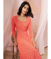Ming Wang Pointelle Tonal Knit Square Neck 3/4 Sleeve Midi Dress