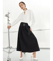 Ming Wang Ponte Belted Midi A-Line Skirt