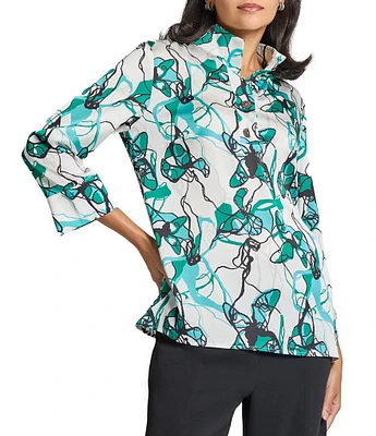 Ming Wang Printed Charmeuse Stand Collar Bracelet Sleeve Tunic