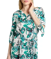 Ming Wang Printed Charmeuse V-Neck Elbow Sleeve Tie Waist Dress