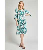 Ming Wang Printed Charmeuse V-Neck Elbow Sleeve Tie Waist Dress
