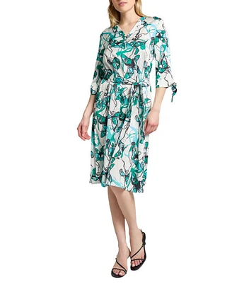 Ming Wang Printed Charmeuse V-Neck Elbow Sleeve Tie Waist Dress