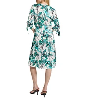 Ming Wang Printed Charmeuse V-Neck Elbow Sleeve Tie Waist Dress
