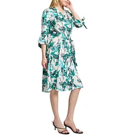 Ming Wang Printed Charmeuse V-Neck Elbow Sleeve Tie Waist Dress