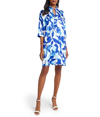 Ming Wang Printed Crepe De Chine Split Collar Elbow Sleeve Dress