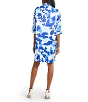 Ming Wang Printed Crepe De Chine Split Collar Elbow Sleeve Dress