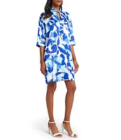 Ming Wang Printed Crepe De Chine Split Collar Elbow Sleeve Dress