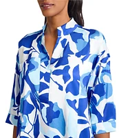 Ming Wang Printed Crepe De Chine Split Collar Elbow Sleeve Dress