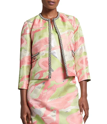 Ming Wang Printed Jacquard Round Neck 3/4 Sleeve Peral Trim Jacket