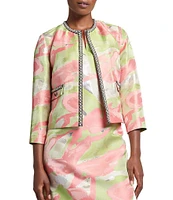 Ming Wang Printed Jacquard Round Neck 3/4 Sleeve Peral Trim Jacket