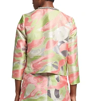 Ming Wang Printed Jacquard Round Neck 3/4 Sleeve Peral Trim Jacket