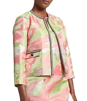 Ming Wang Printed Jacquard Round Neck 3/4 Sleeve Peral Trim Jacket