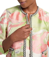 Ming Wang Printed Jacquard Round Neck 3/4 Sleeve Peral Trim Jacket