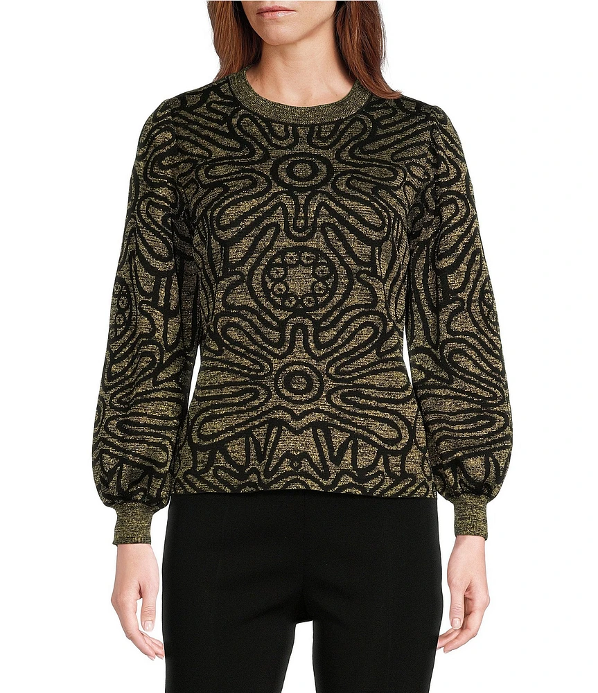 Ming Wang Printed Soft Knit Crew Neck Long Balloon Sleeve Tunic