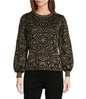 Ming Wang Printed Soft Knit Crew Neck Long Balloon Sleeve Tunic