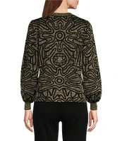 Ming Wang Printed Soft Knit Crew Neck Long Balloon Sleeve Tunic