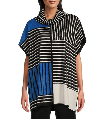 Ming Wang Printed Soft Knit Stripe Print Cowl Neck Elbow Sleeves Dropped Shoulder Tunic