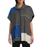 Ming Wang Printed Soft Knit Stripe Print Cowl Neck Elbow Sleeves Dropped Shoulder Tunic