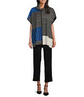 Ming Wang Printed Soft Knit Stripe Print Cowl Neck Elbow Sleeves Dropped Shoulder Tunic