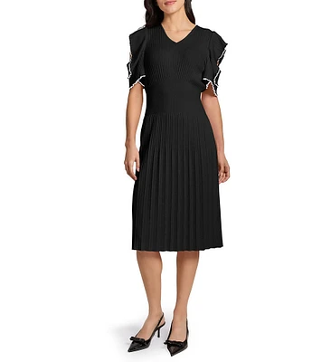 Ming Wang Rib Knit V-Neck Short Cold Shoulder Fit And Flare Midi Dress
