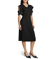 Ming Wang Rib Knit V-Neck Short Cold Shoulder Fit And Flare Midi Dress