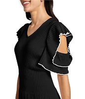 Ming Wang Rib Knit V-Neck Short Cold Shoulder Fit And Flare Midi Dress