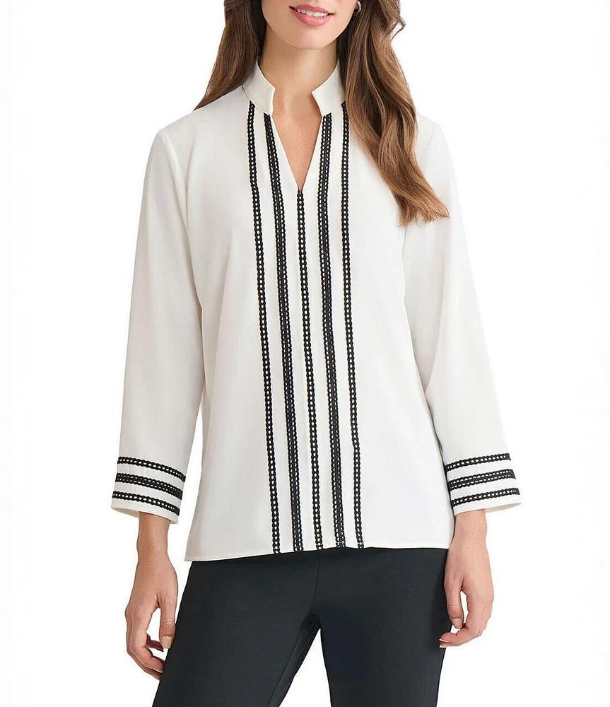 Ming Wang Ribbon Trim Crepe De Chine Mandarin V-Neck Bracelet Sleeve Blouse